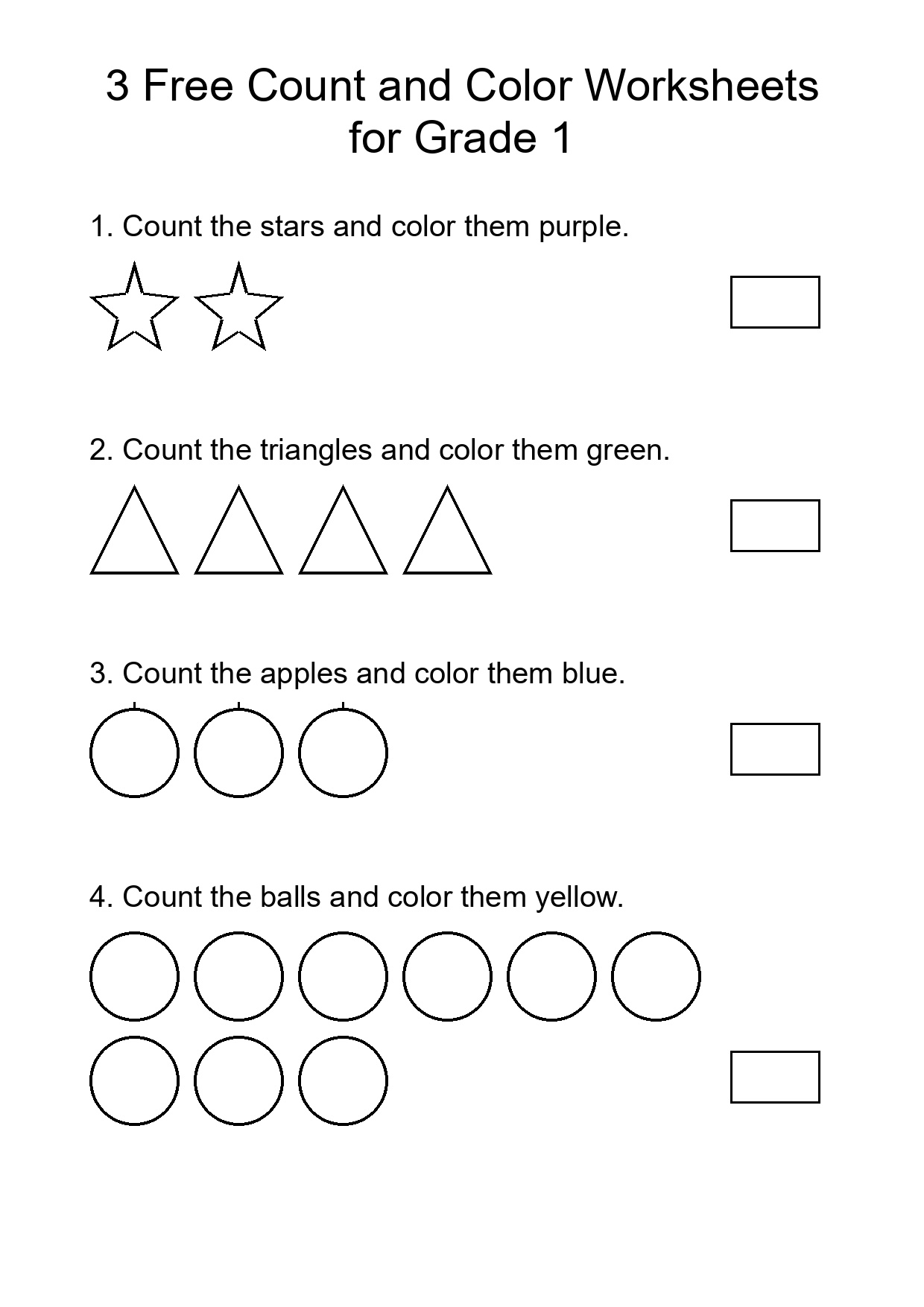 3 Free Count and Color Worksheets for Grade 1