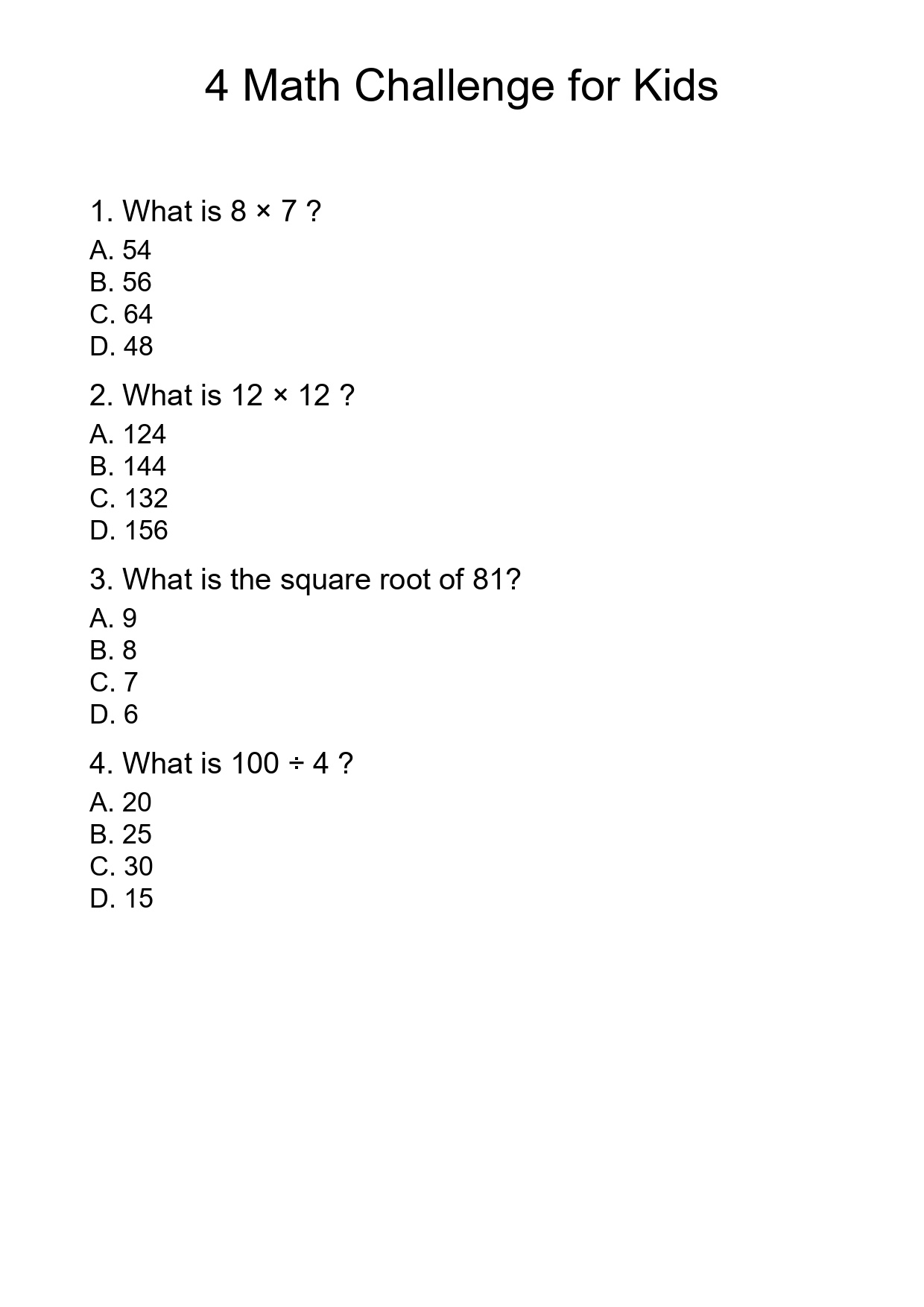 4 Math Challenge for Kids