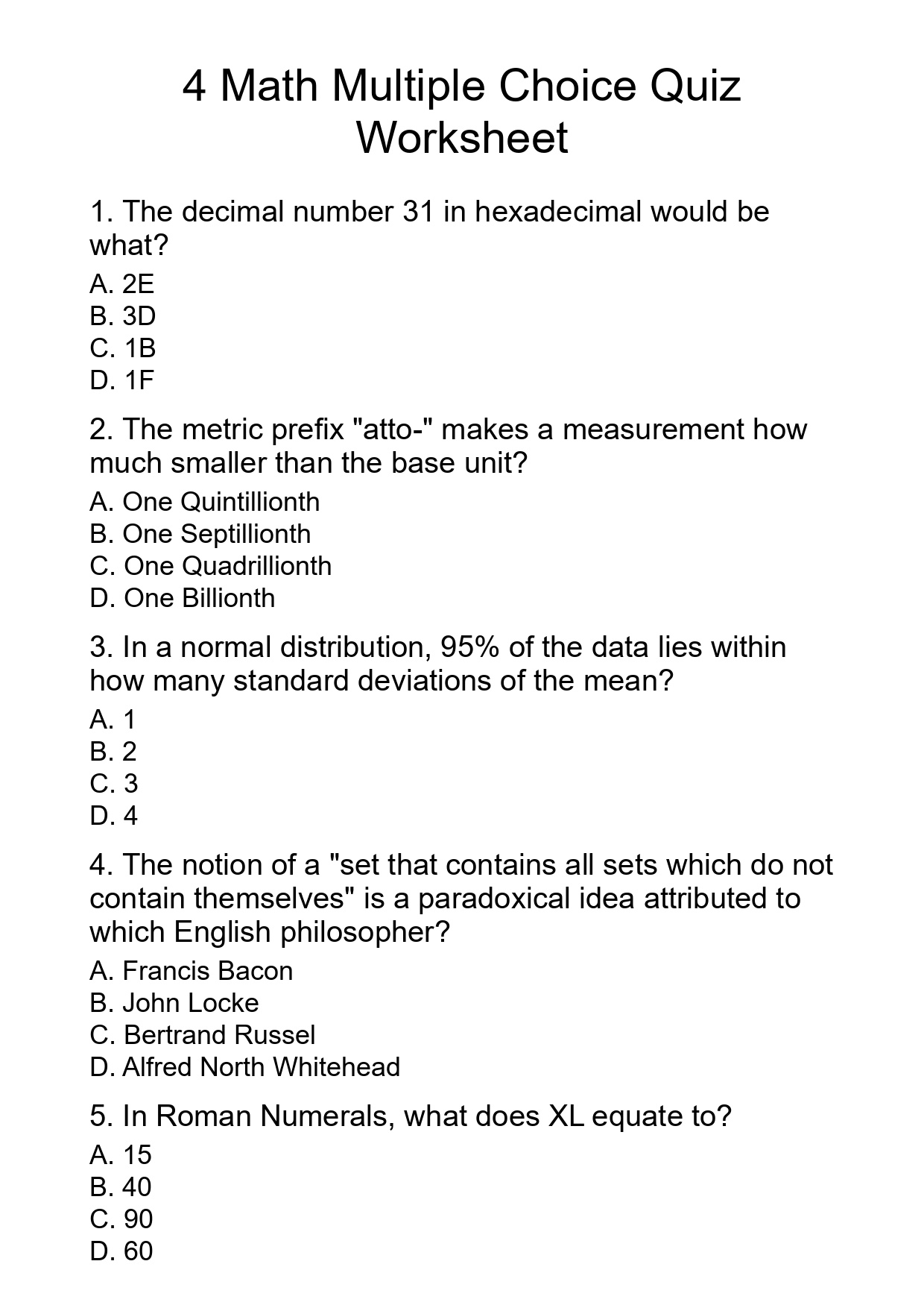 4 Math Multiple Choice Quiz Worksheet
