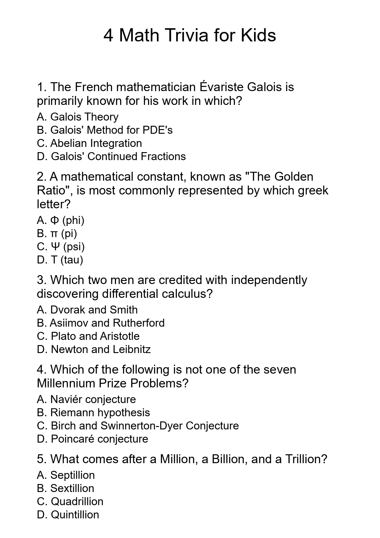 4 Math Trivia for Kids