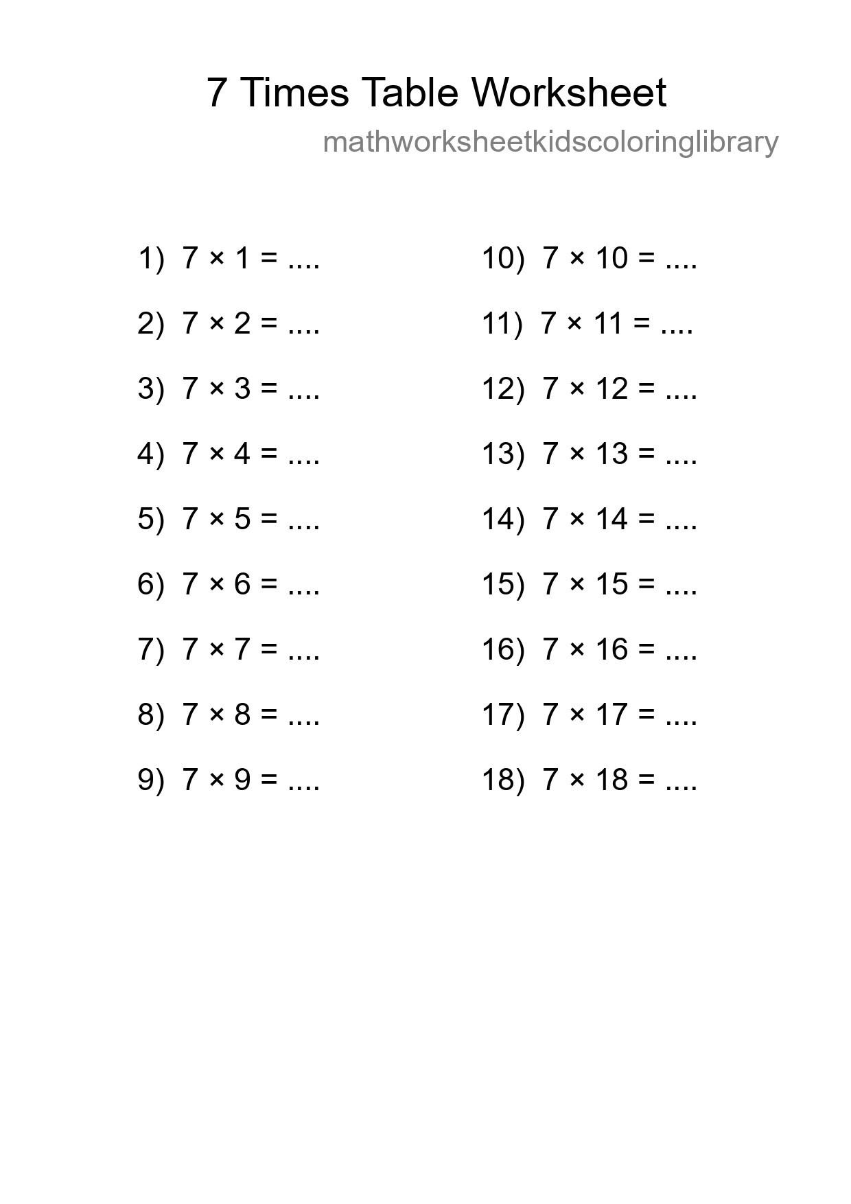 7 Times Table Worksheet For Grade 3 - Part 42