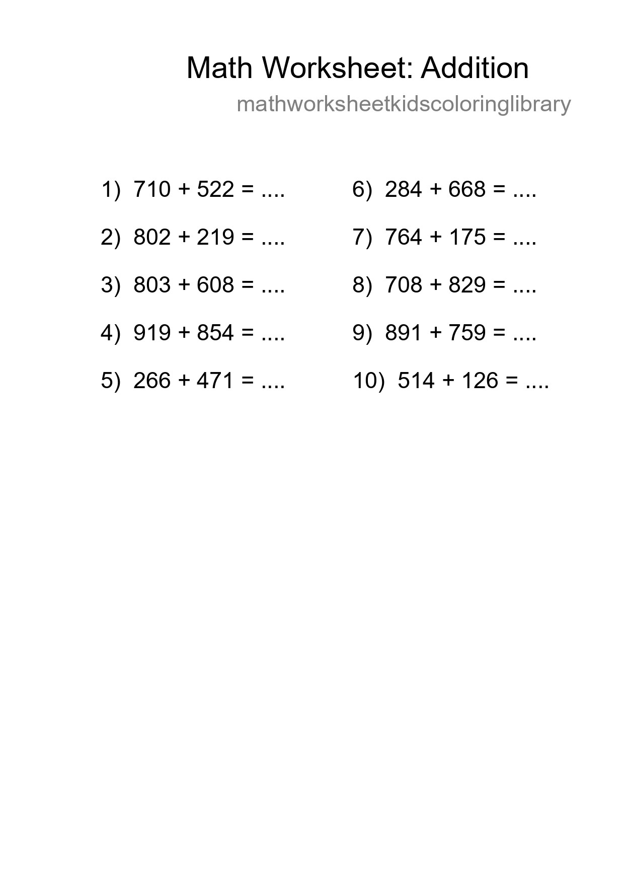 Free 10 Addition Math Worksheet For Grade 5