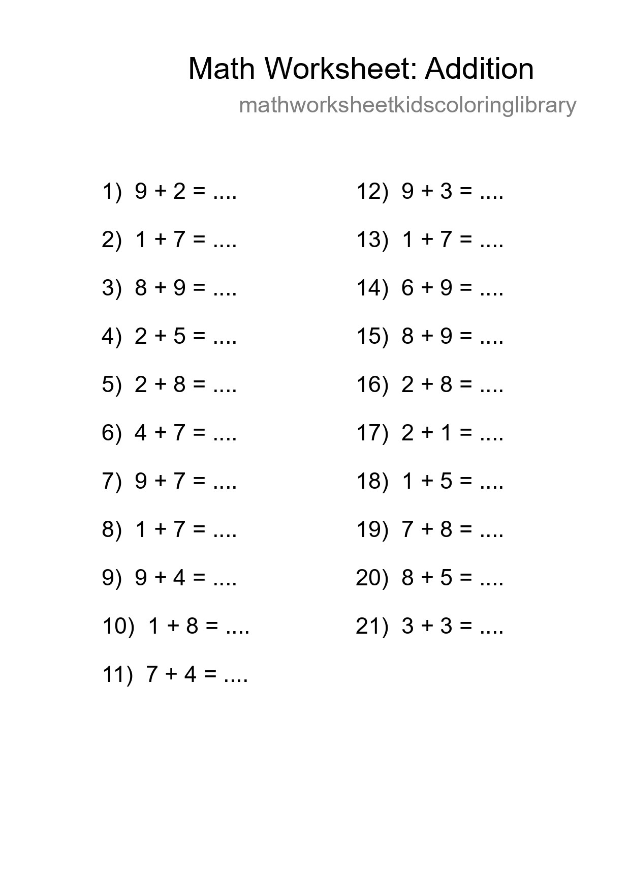 Free 21 Addition Math Worksheet For Grade 1 With Answers - Part 12