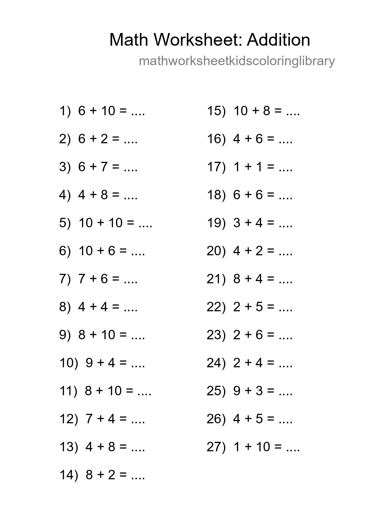 Grade 1 Addition Practice Worksheet (27 Problems) - Part 45