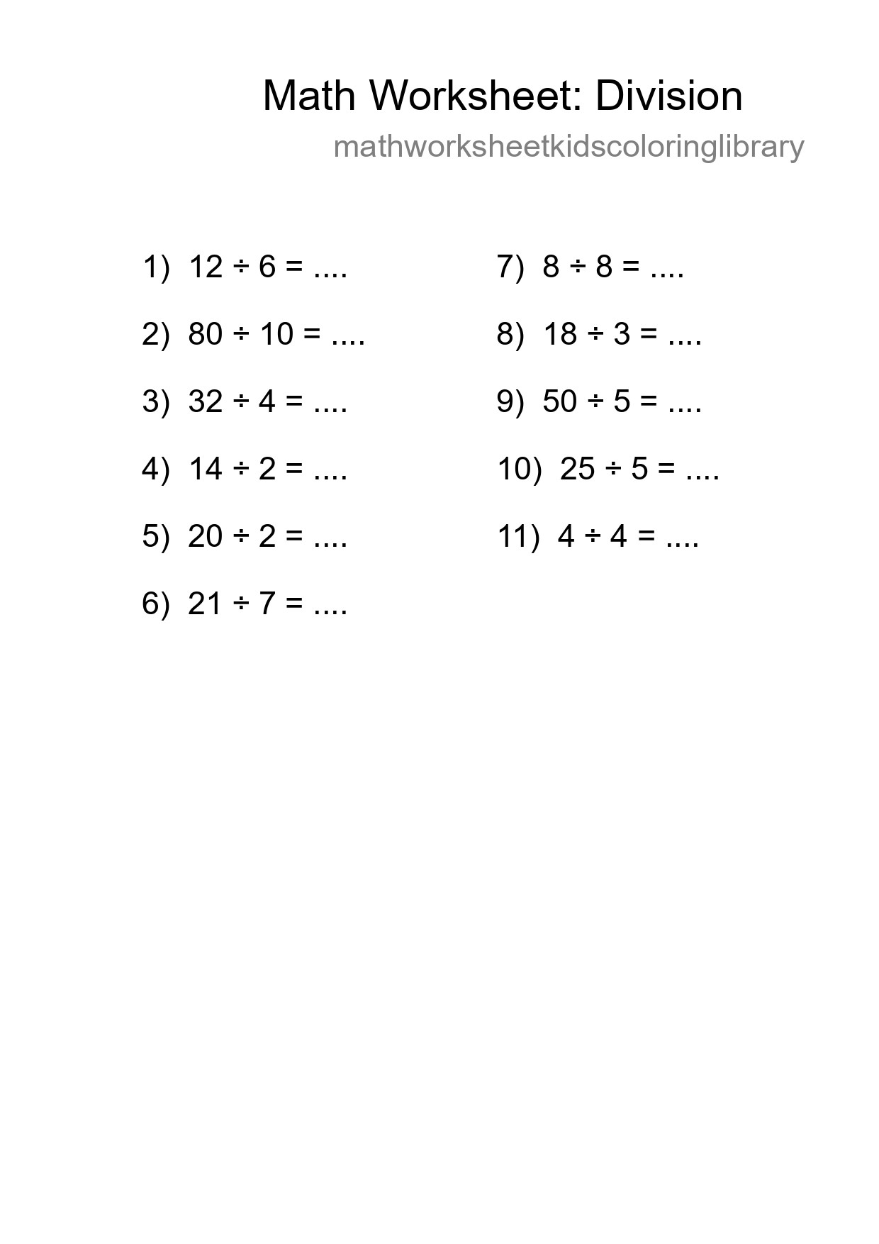Grade 1 Division Practice Worksheet (11 Problems) - Part 48
