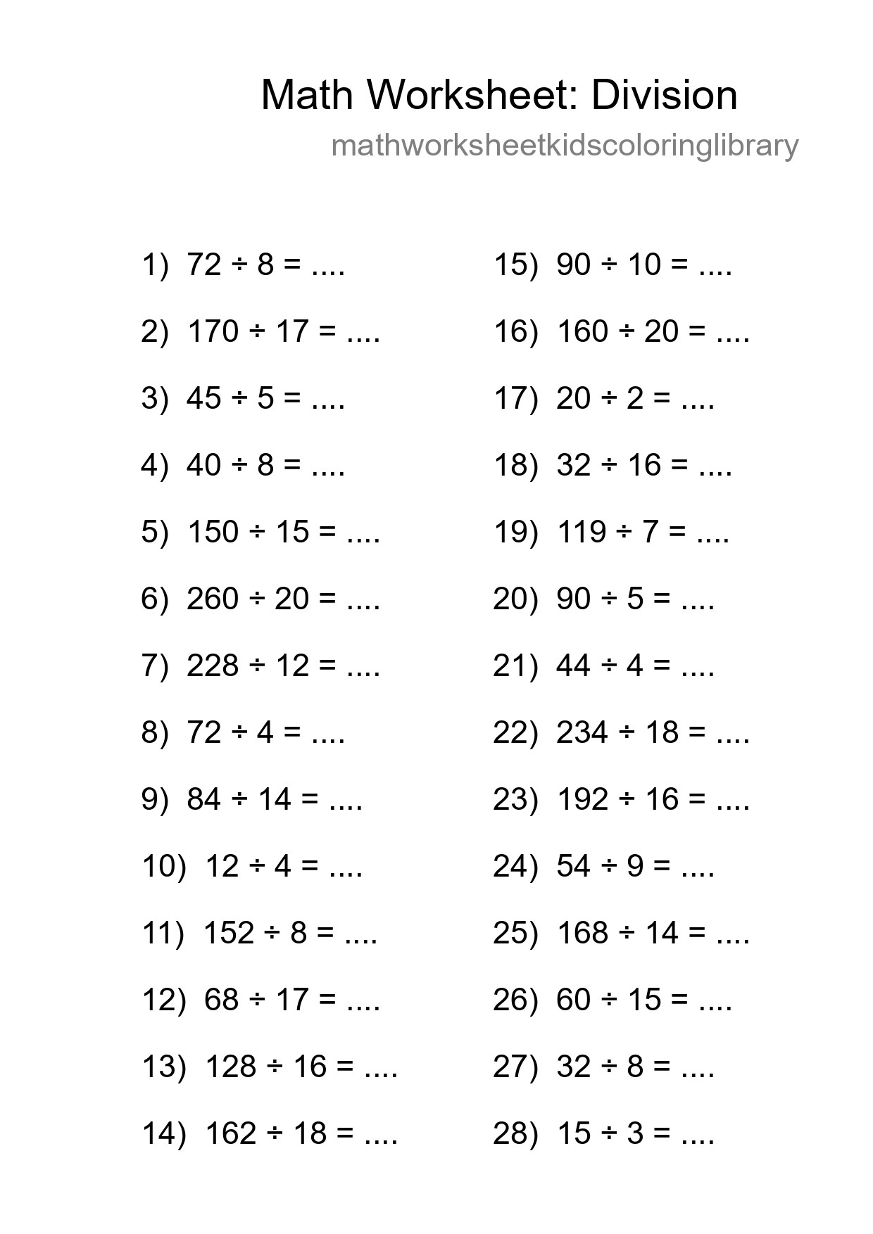 Grade 2 Division Practice Worksheet (28 Problems) - Part 26