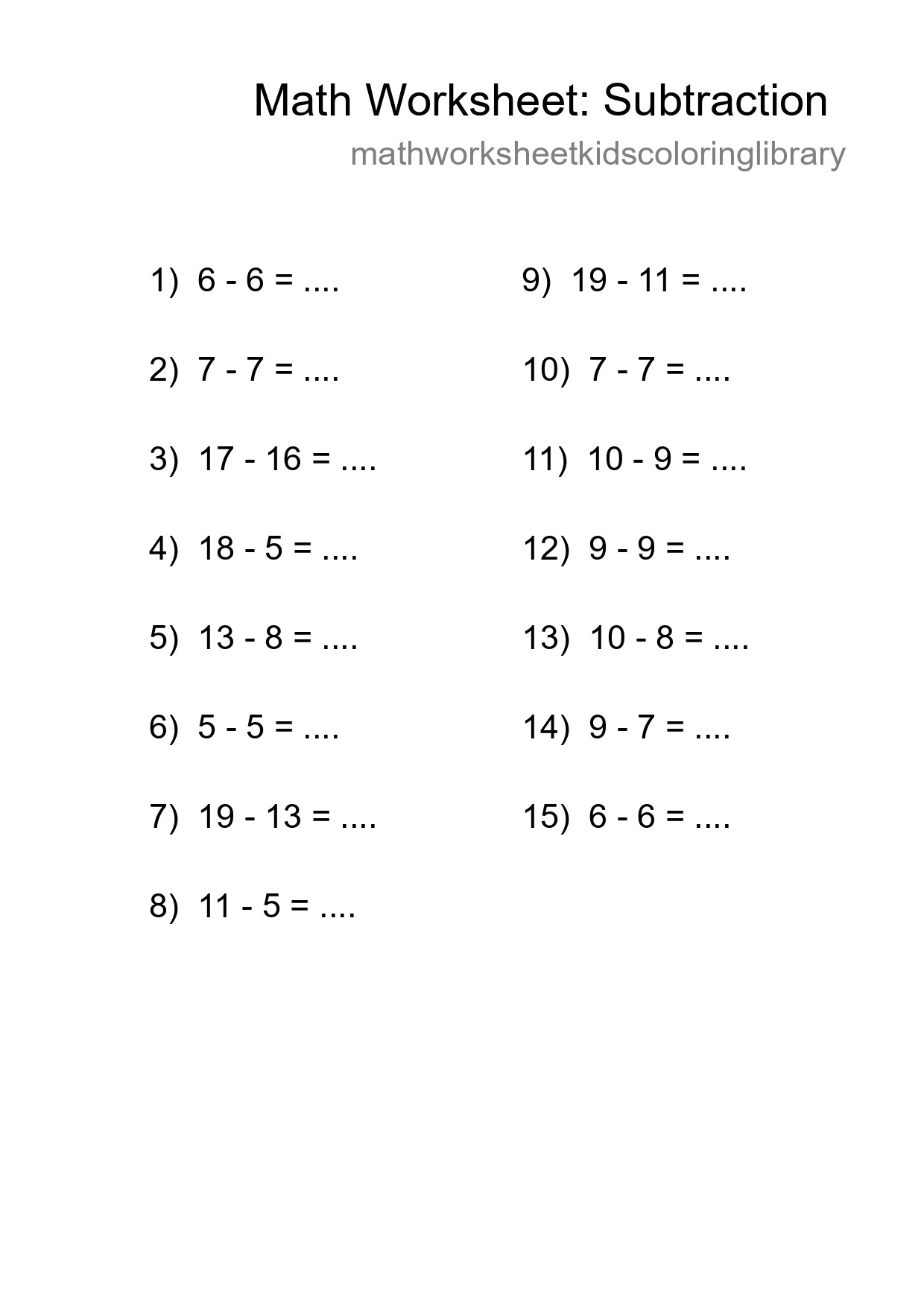 Grade 2 Subtraction Practice Worksheet (15 Problems) - Part 8