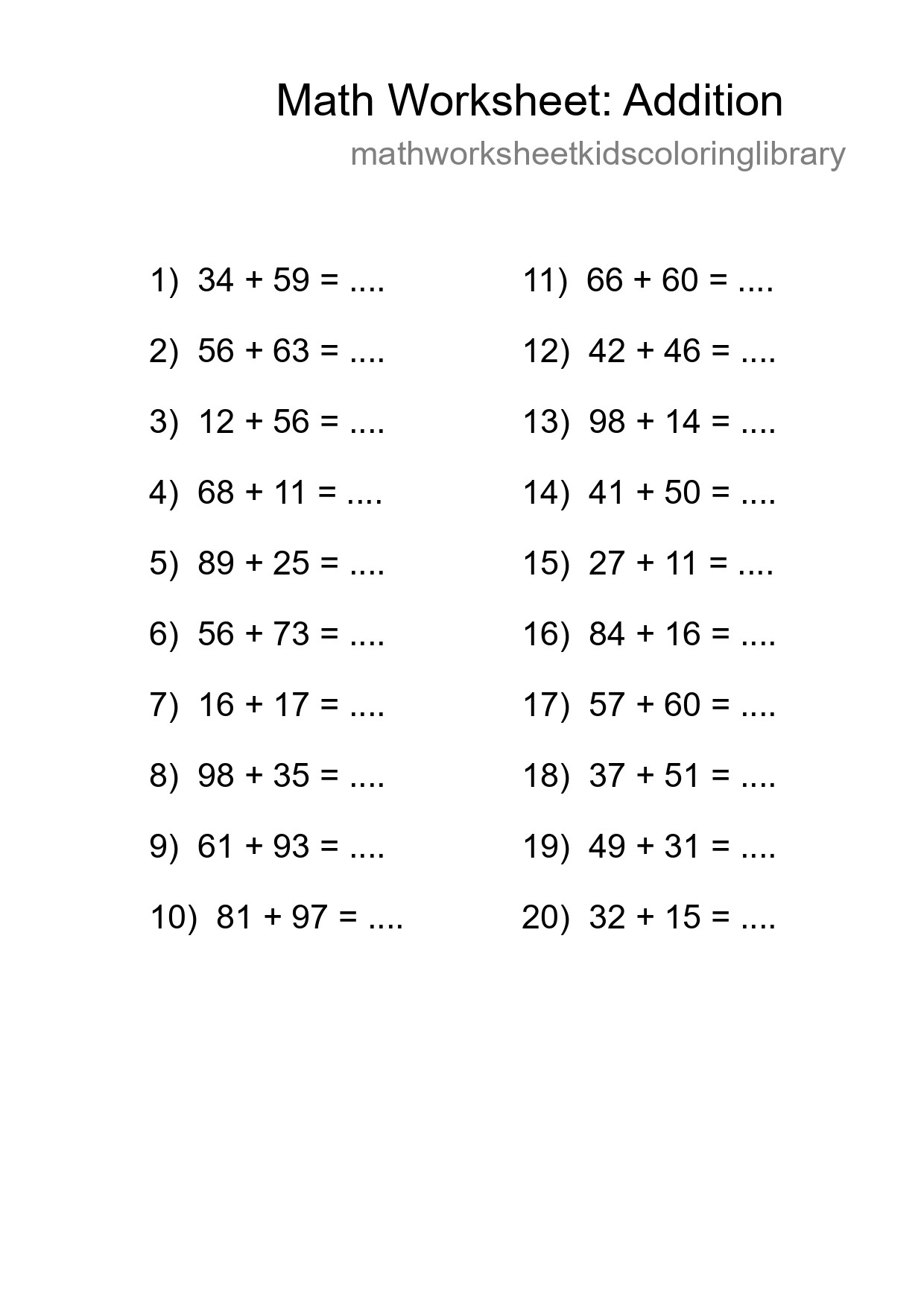 Grade 3 Addition Practice Worksheet (20 Problems) - Part 34
