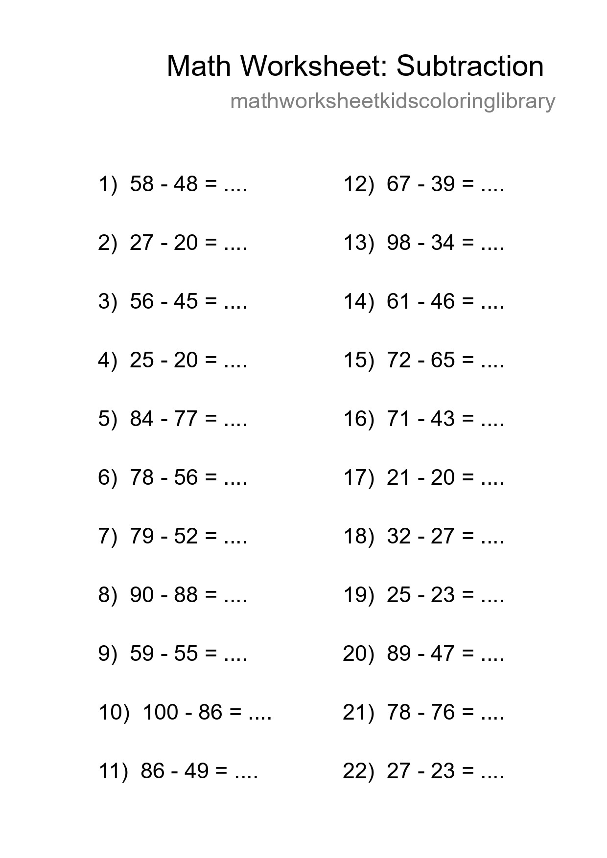 Grade 3 Subtraction Practice Worksheet (22 Problems) - Part 19