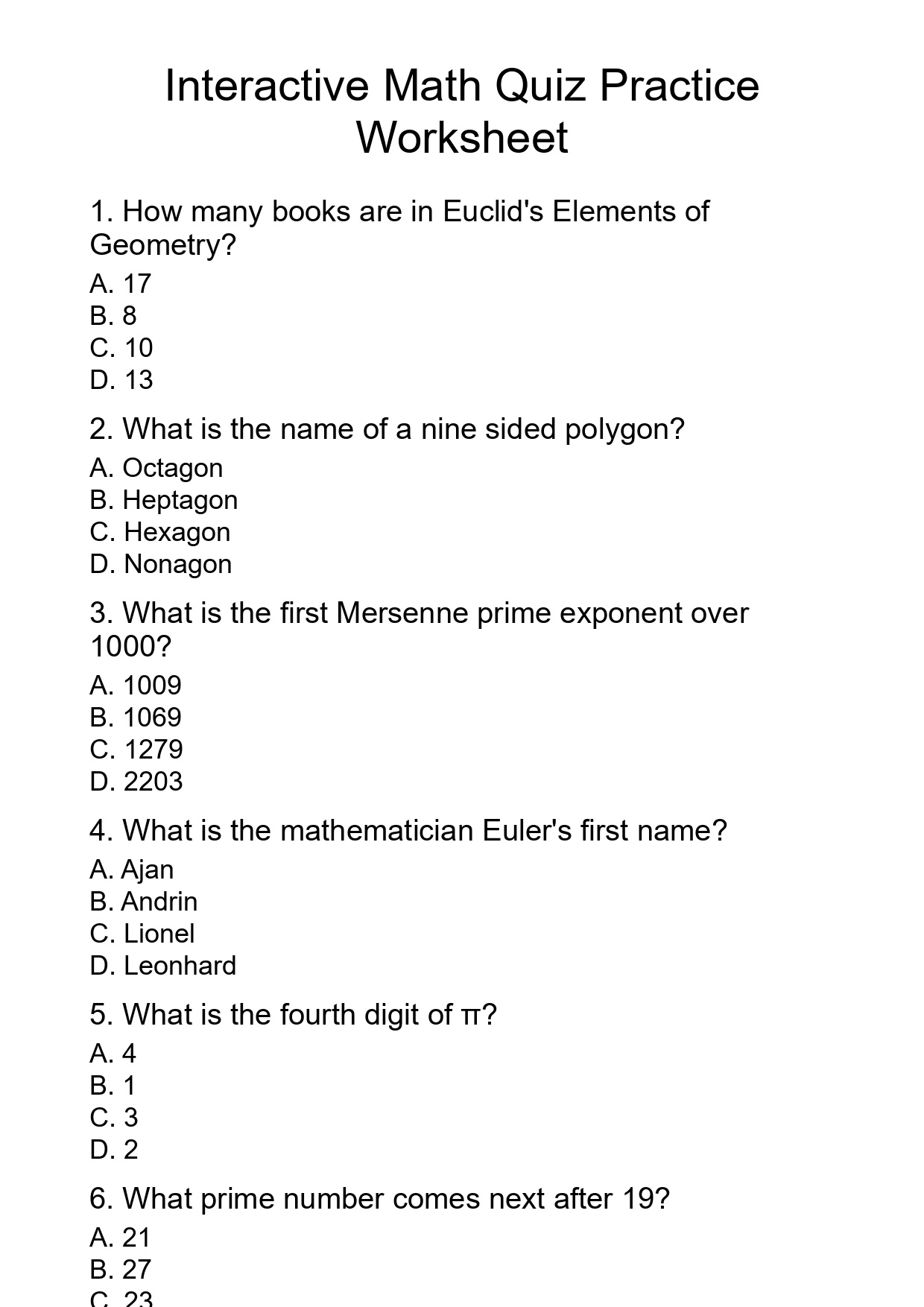 Interactive Math Quiz Practice Worksheet