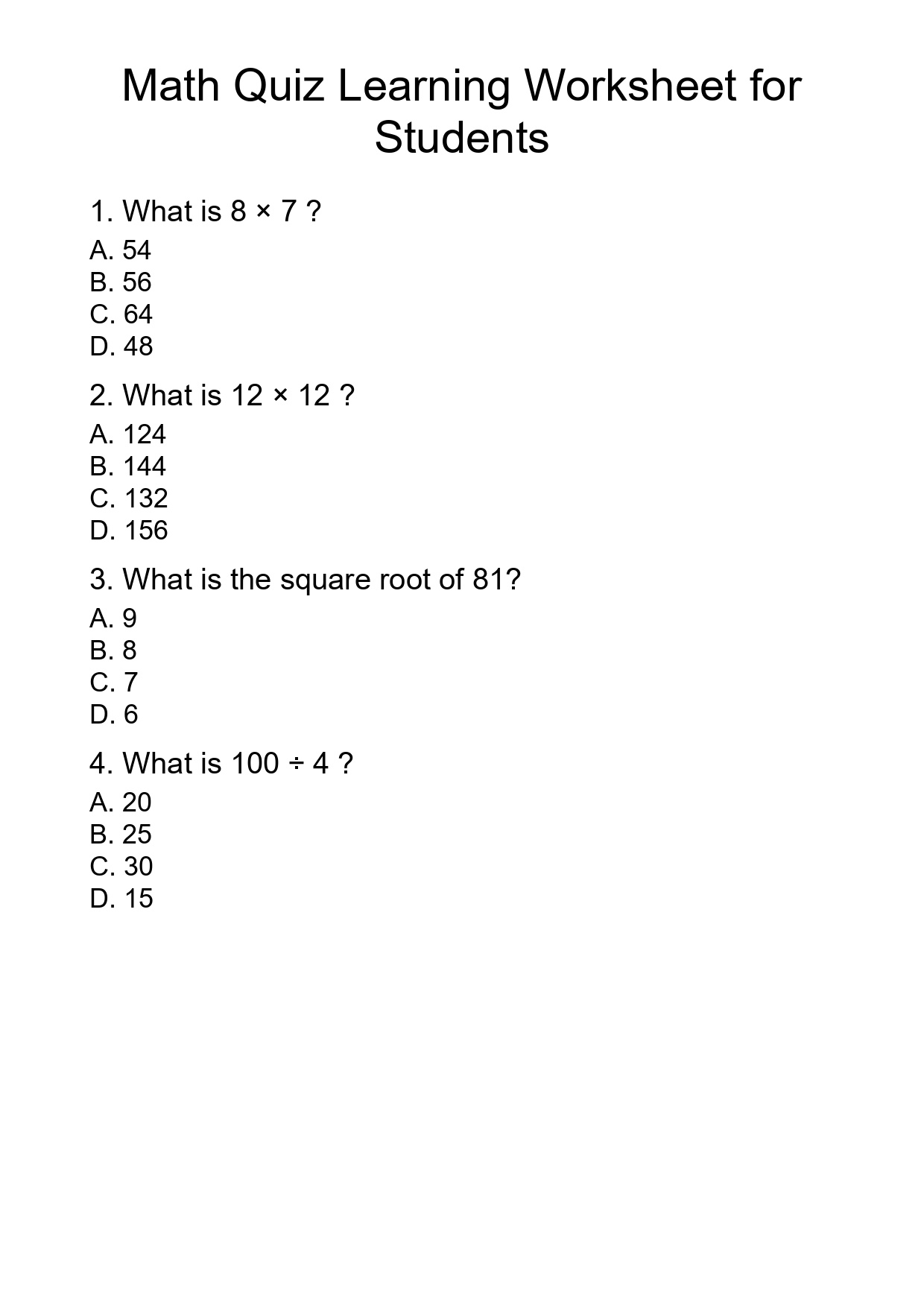 Math Quiz Learning Worksheet for Students