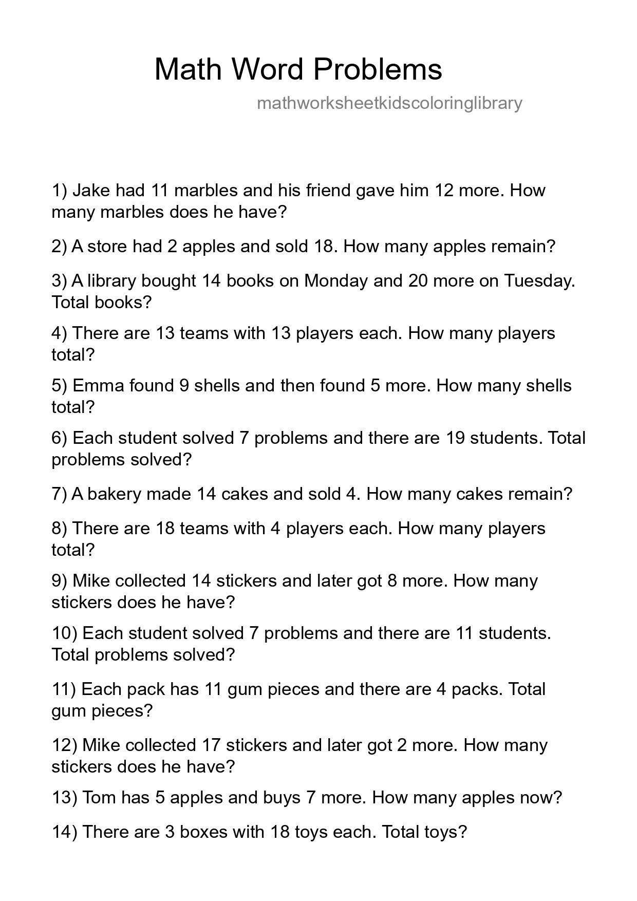 Math Word Problem Worksheet