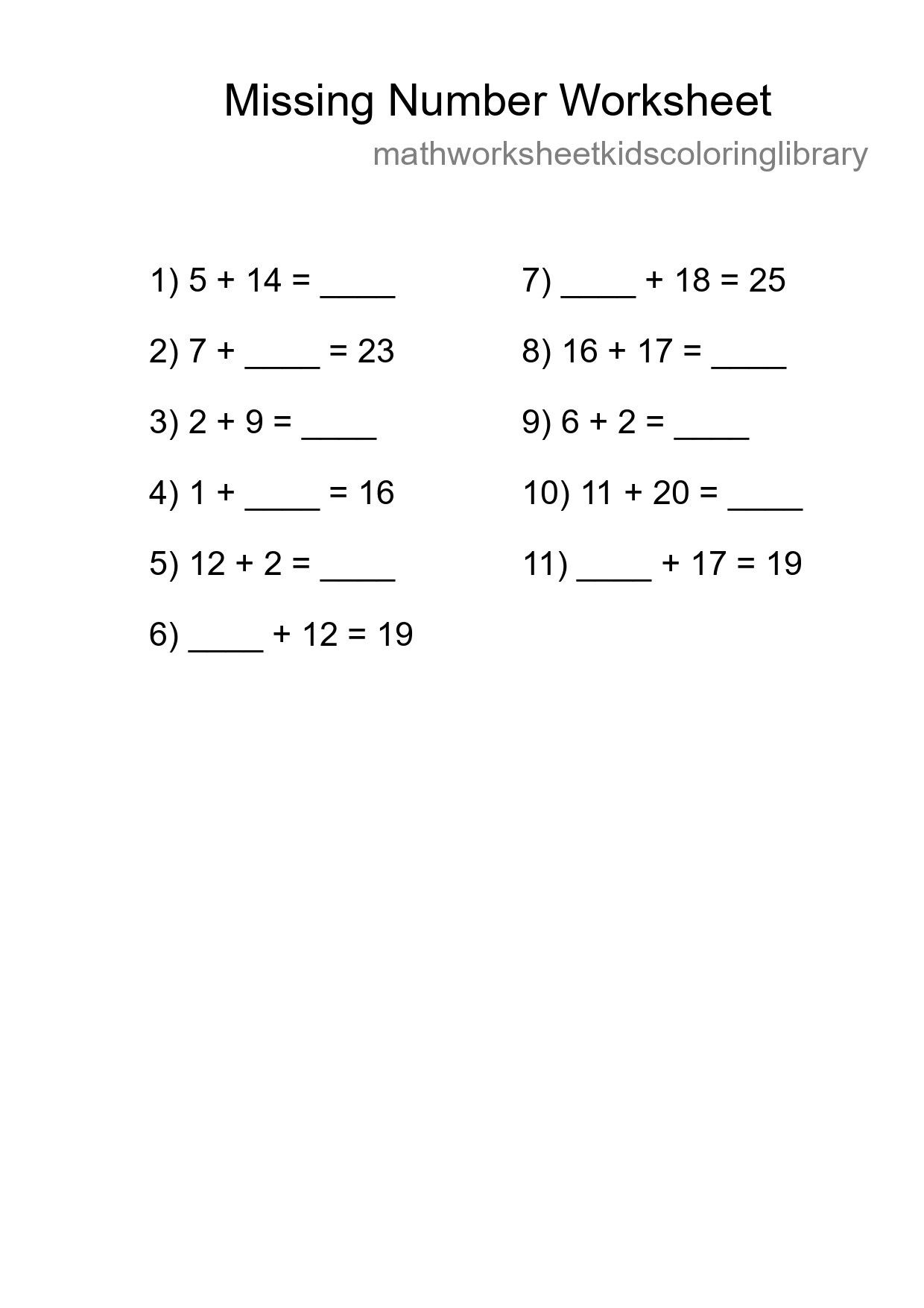 Missing Number Math Worksheet