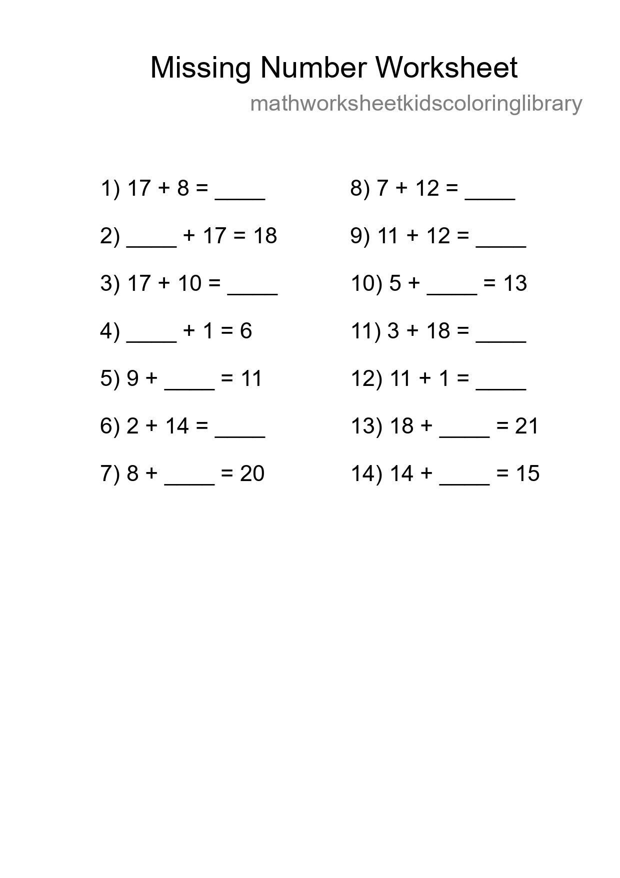 Missing Number Math Worksheet