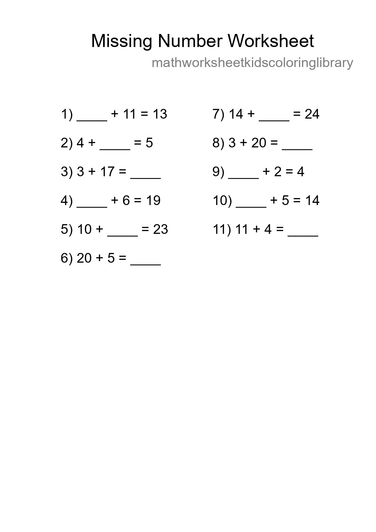 Missing Number Math Worksheet