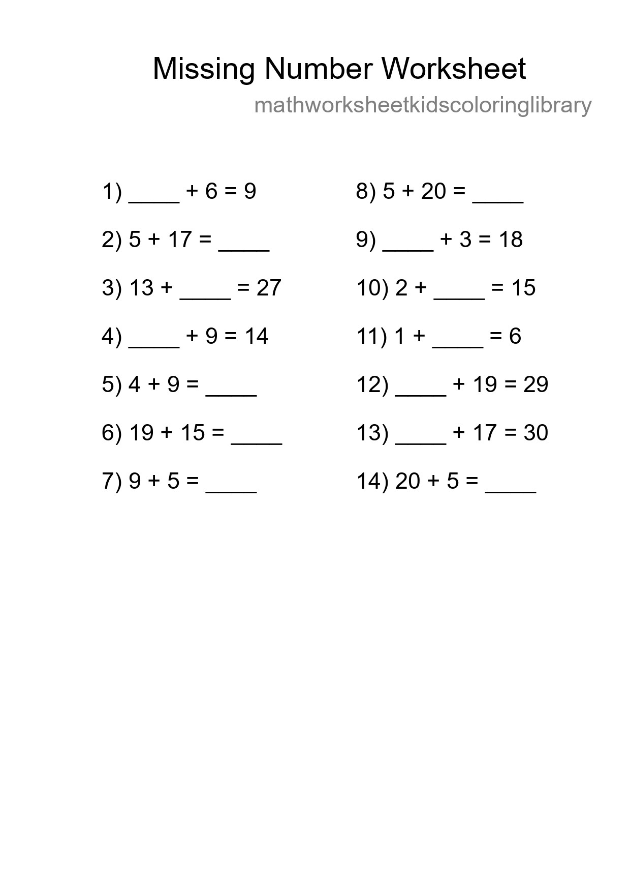Missing Number Math Worksheet