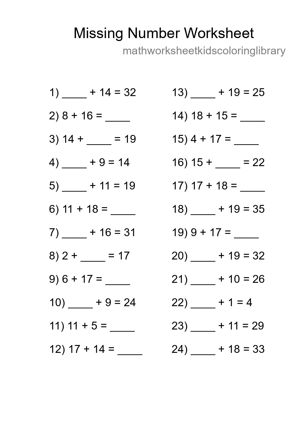 Missing Number Math Worksheet
