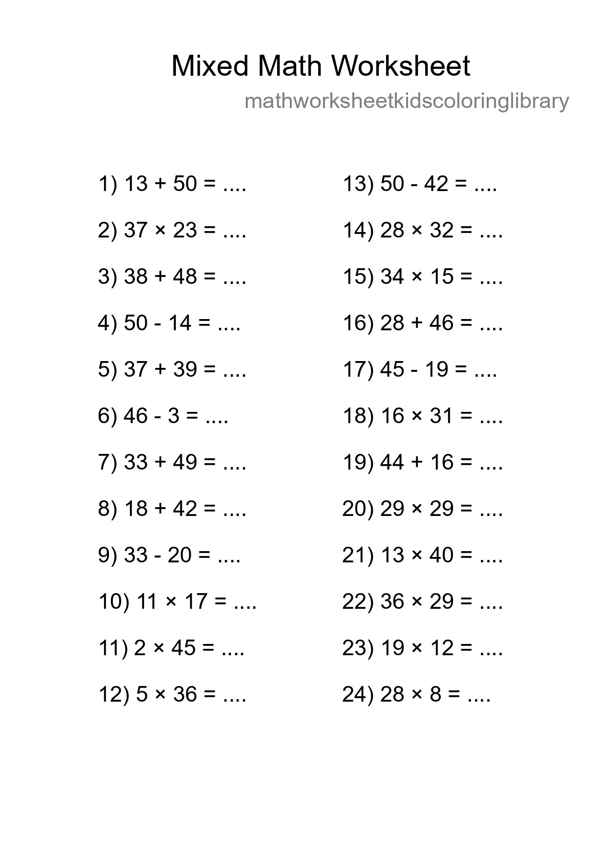 Mixed Operations Math Worksheet