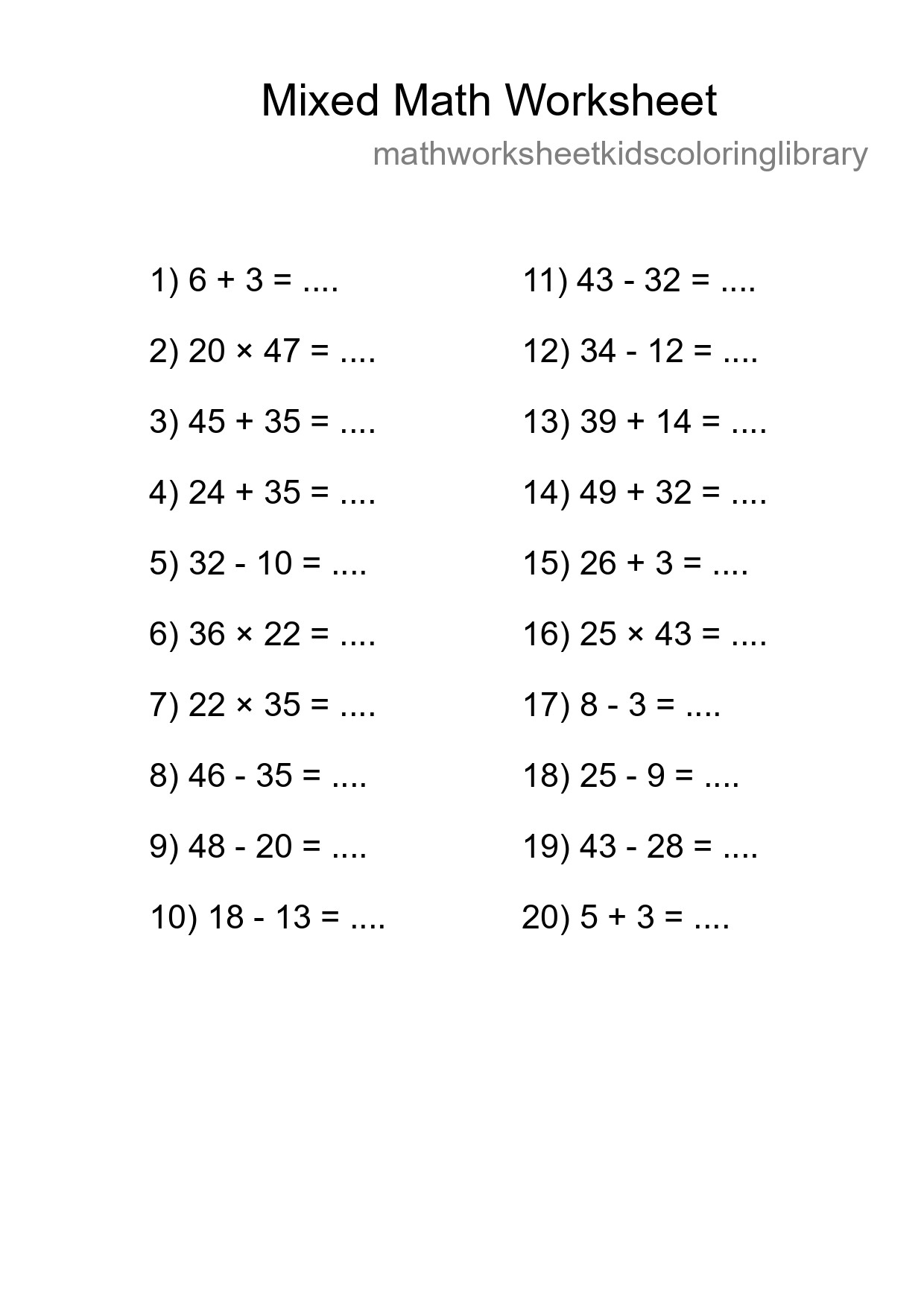 Mixed Operations Math Worksheet