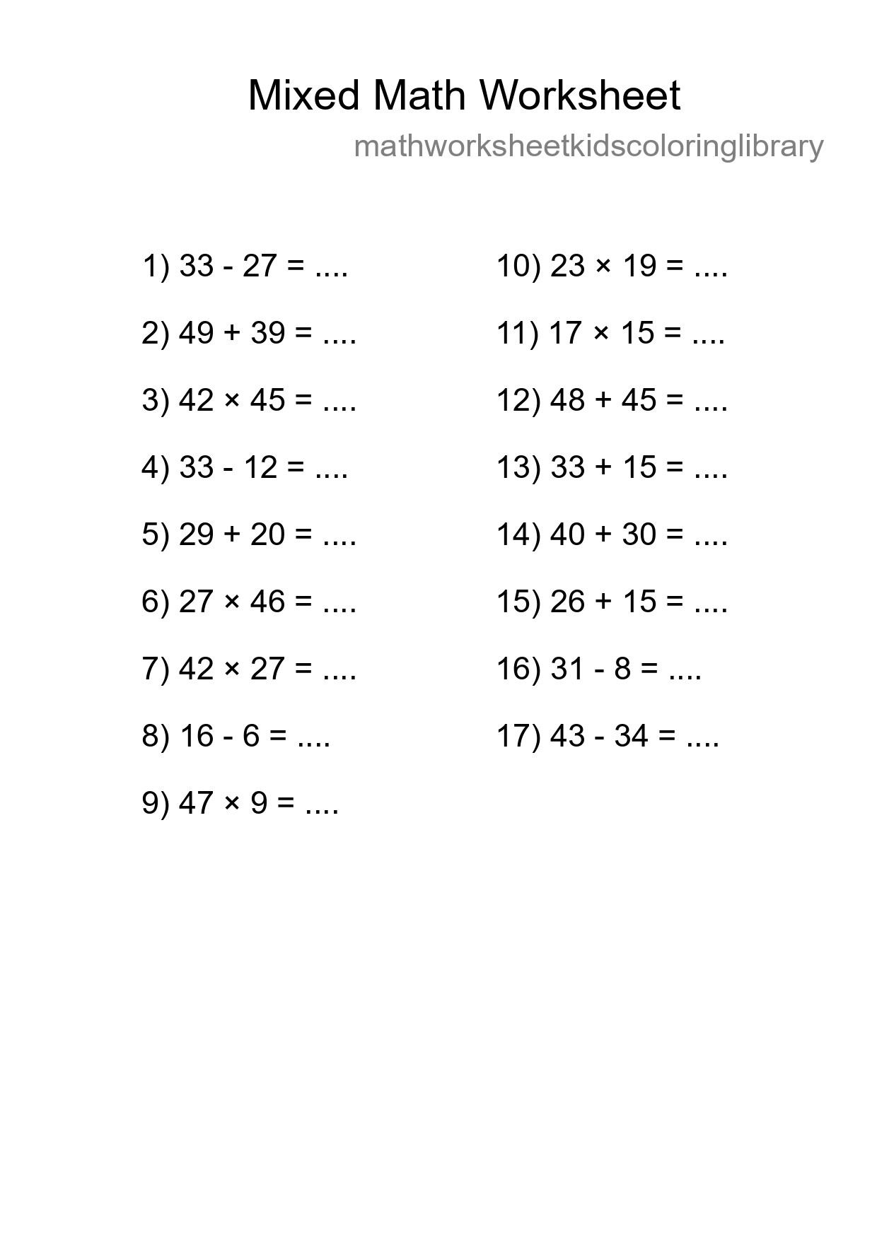 Mixed Operations Math Worksheet