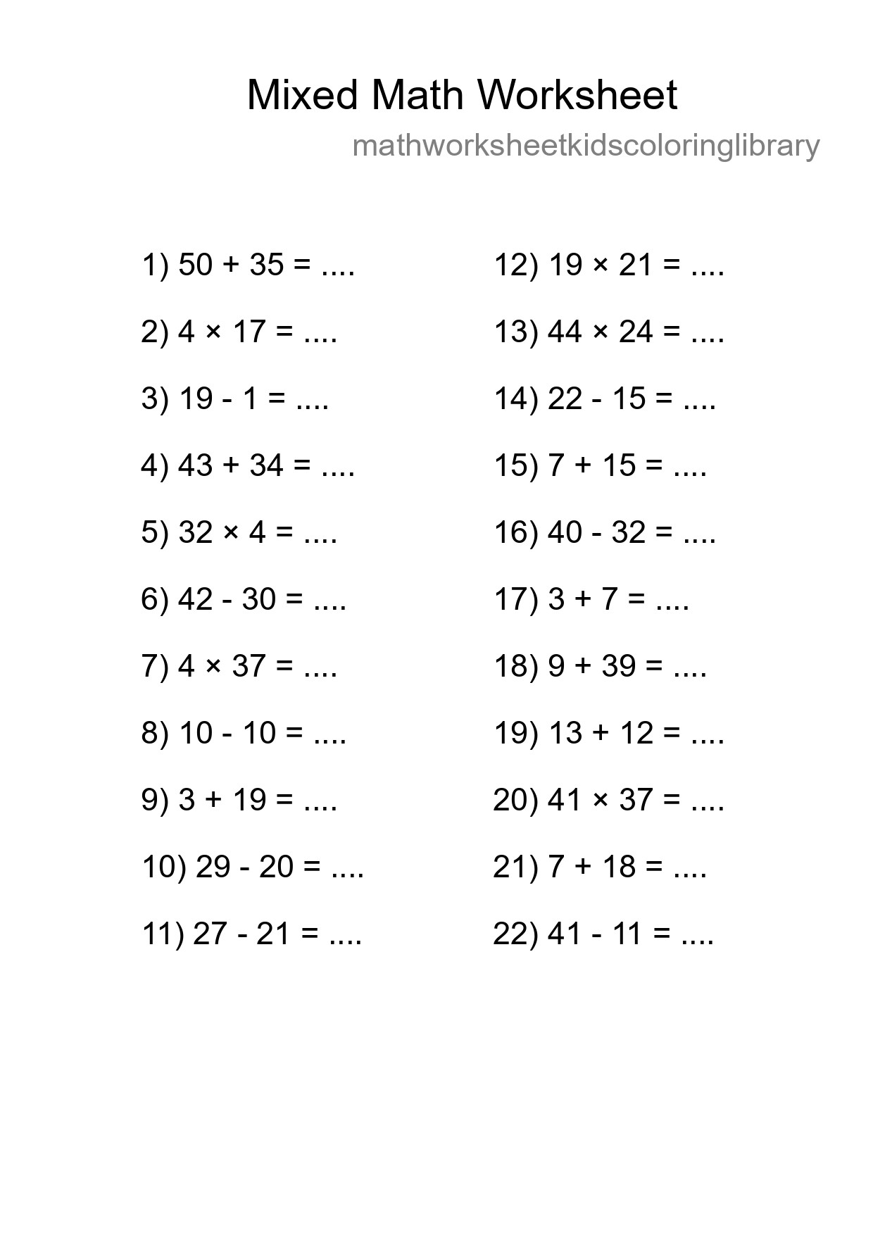 Mixed Operations Math Worksheet