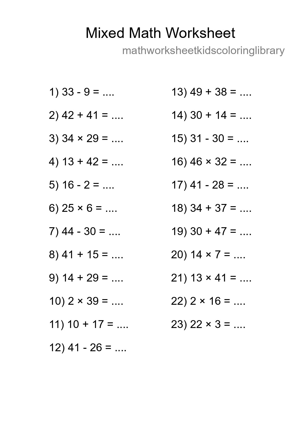 Mixed Operations Math Worksheet