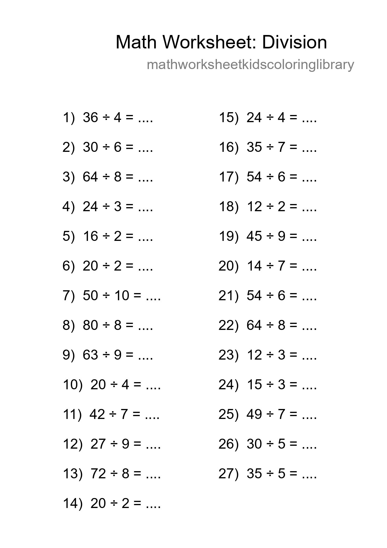 Printable Free 27 Division Math Worksheet For Grade 1 - Part 37